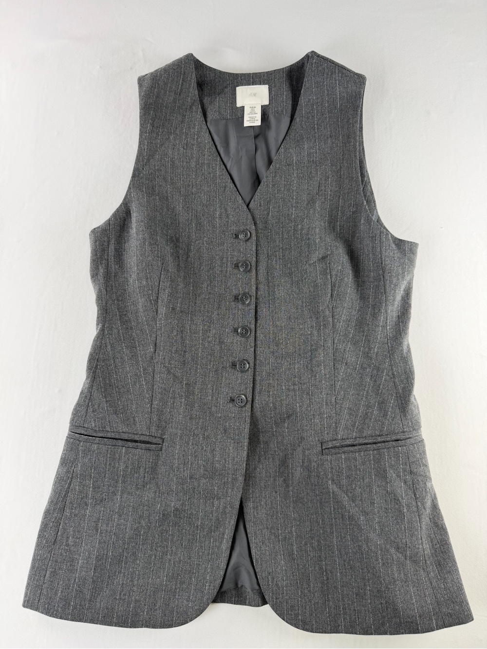 H&M Women's Long Charcoal Pinstripe Vest -Classic Suited Style Size Small
